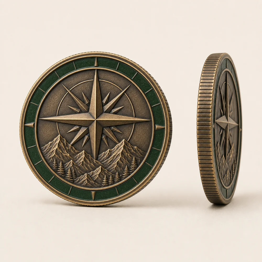 Antique bronze custom coin with green enamel ring and reeded edge