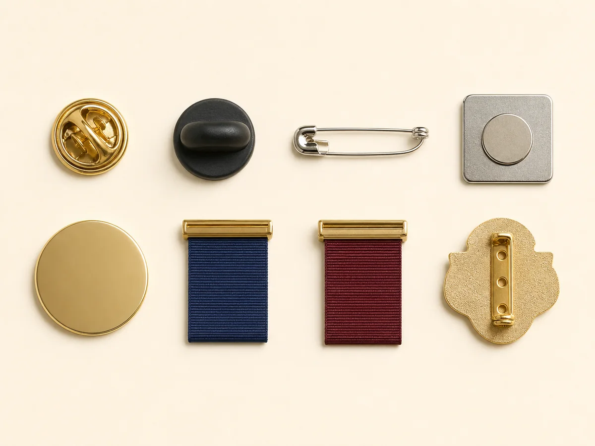 Custom badge attachment options including magnets pins and clutches