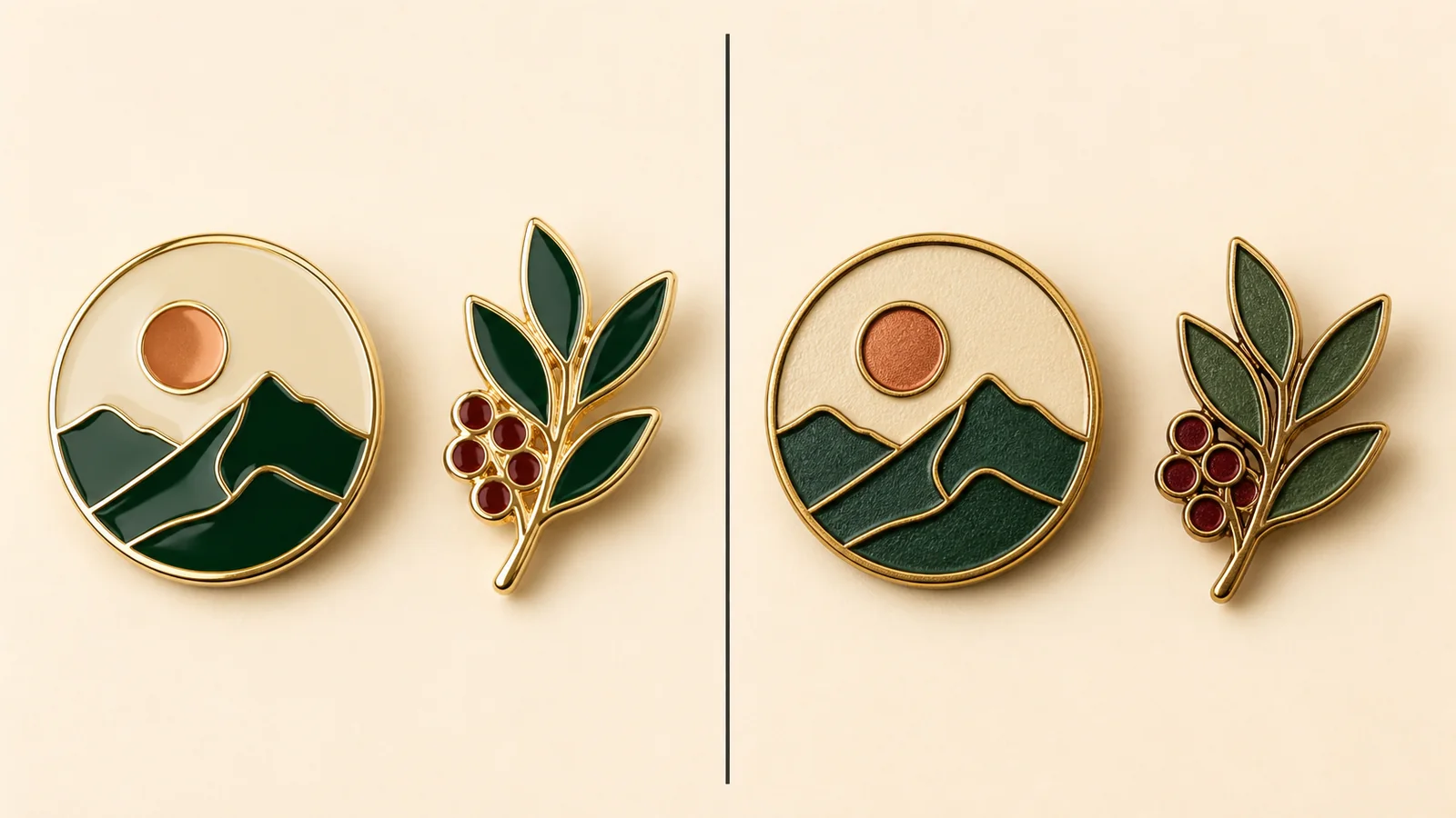 Hard enamel and soft enamel custom pins shown side by side