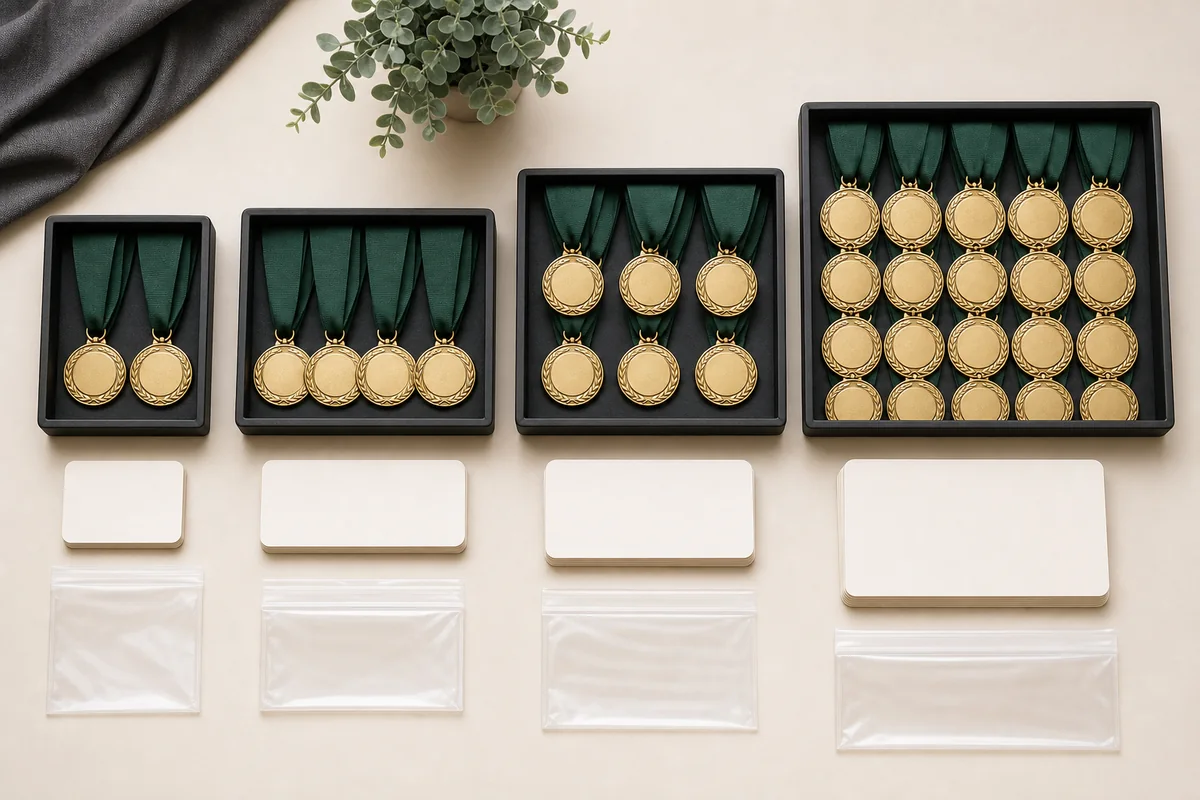 Custom recognition medals arranged in several practical order quantities