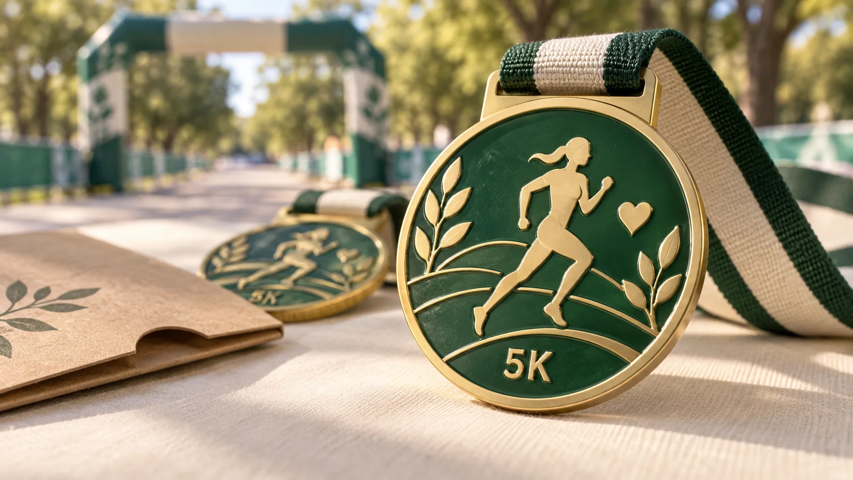 Gold charity 5K medal concept with a green ribbon and kraft sleeve.