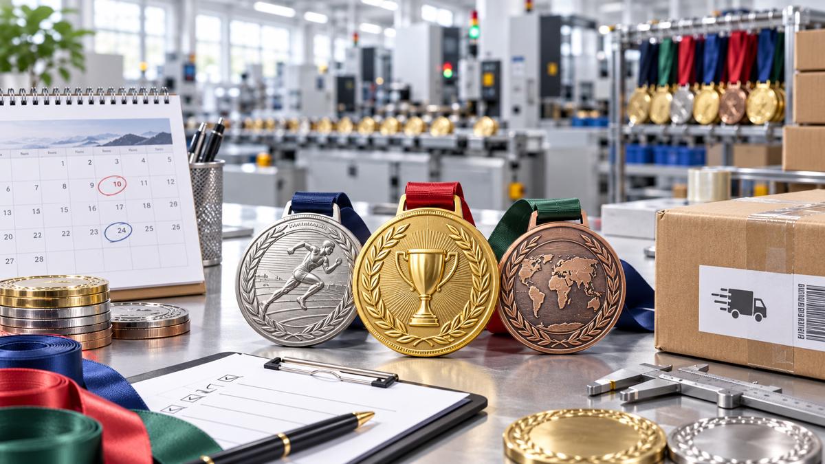 Illustrative custom medal production planning, ribbons and cartons ahead of international delivery
