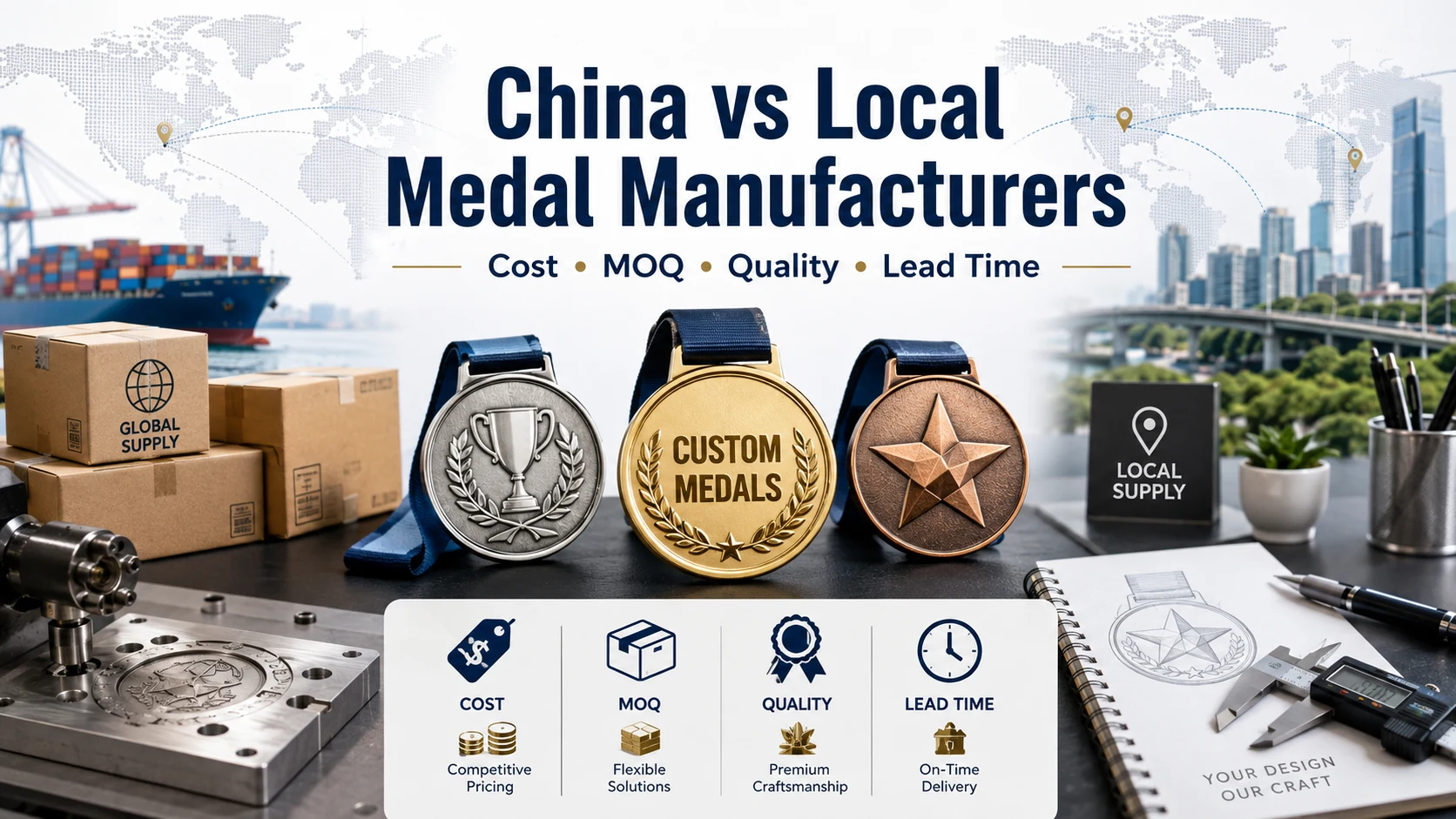Comparison of China and local custom medal sourcing with medals, shipping boxes, factory tooling and design measurement tools