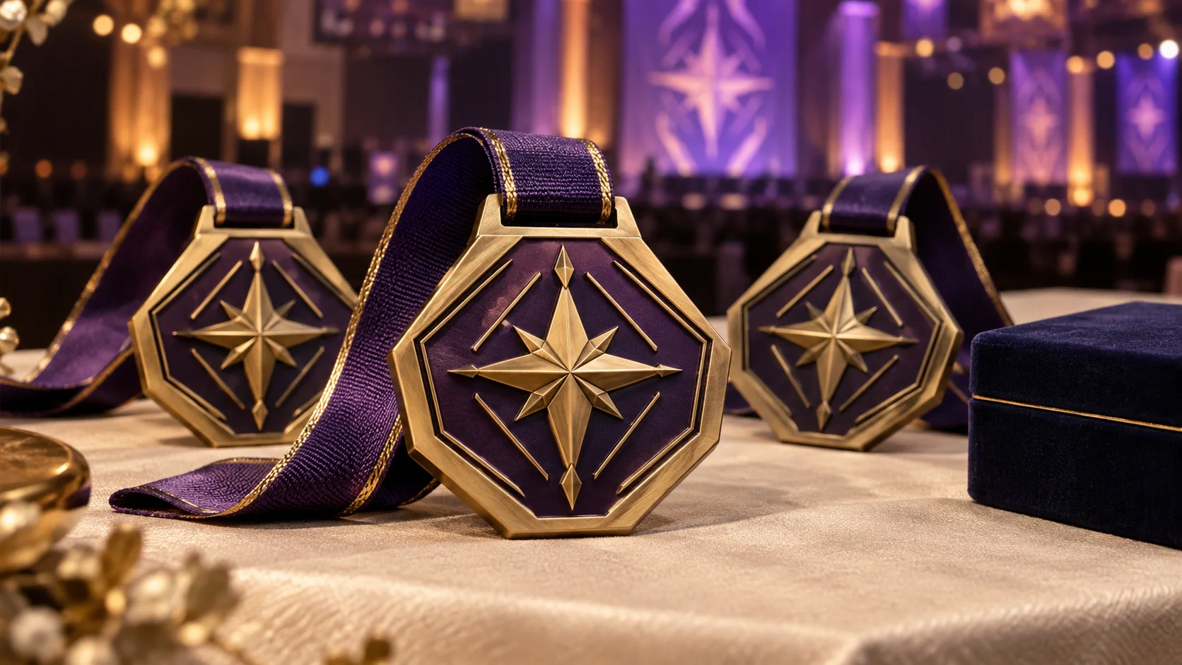 Purple and antique-gold convention award medal concepts with matching ribbons.