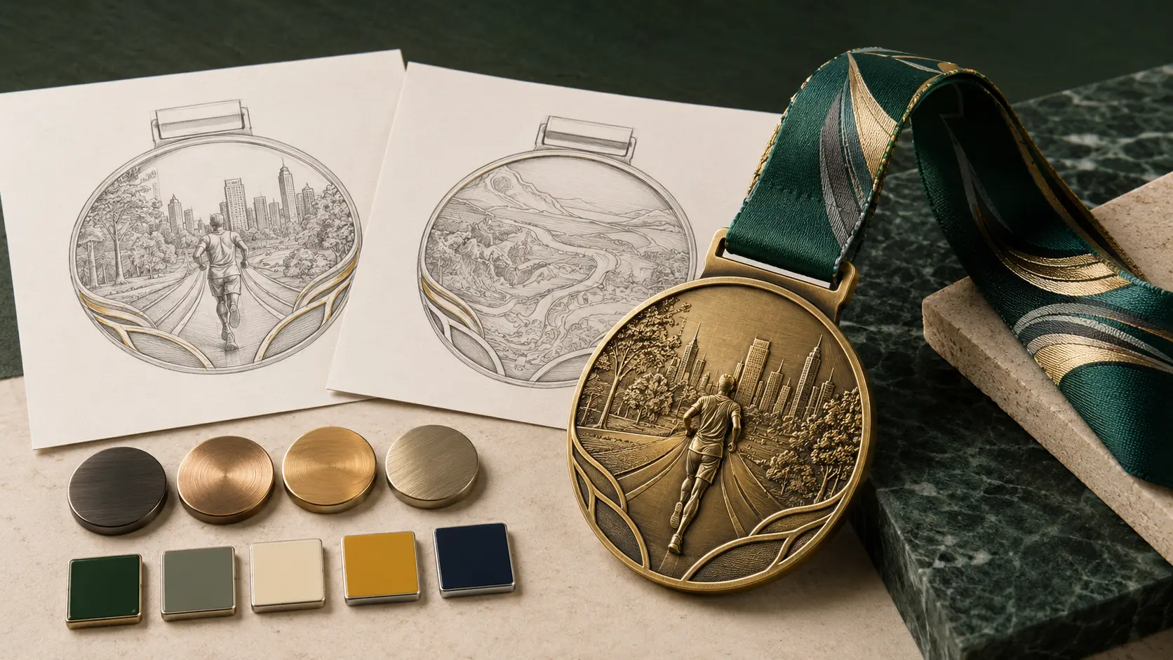 Front and back custom finisher medal concepts with ribbon, finish samples and a completed marathon medal