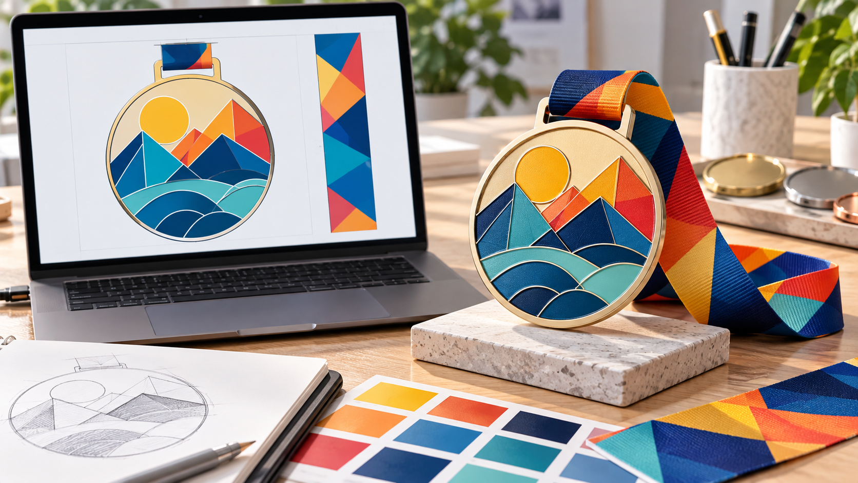 Color artwork proof beside a matching custom medal sample