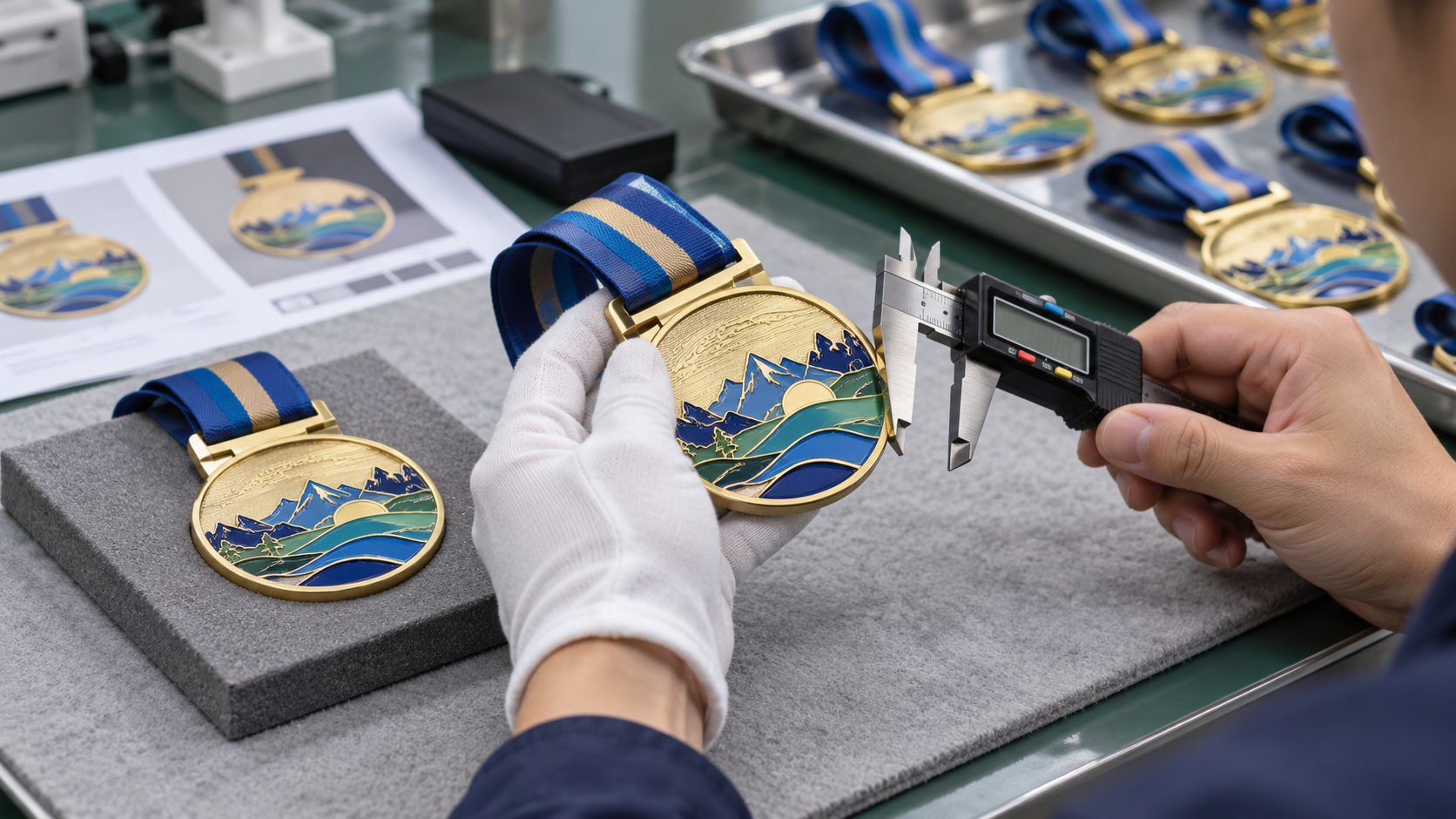 Quality inspector checking a custom medal sample with calipers