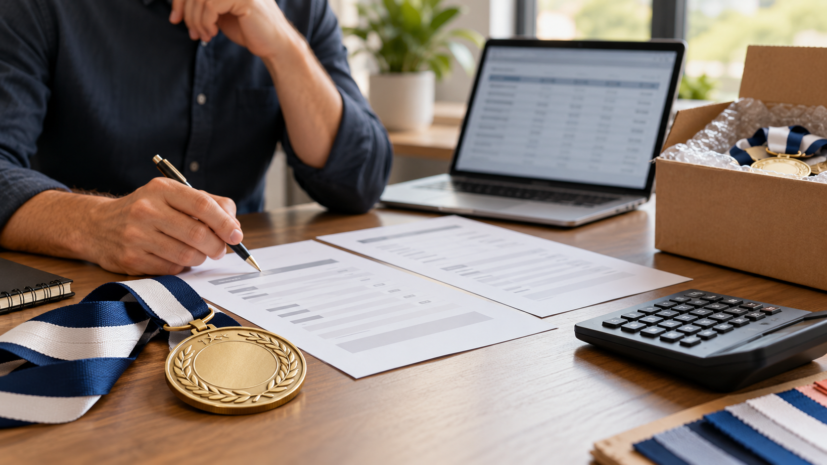 Medal, quote sheets, calculator and packing materials arranged for event budget planning