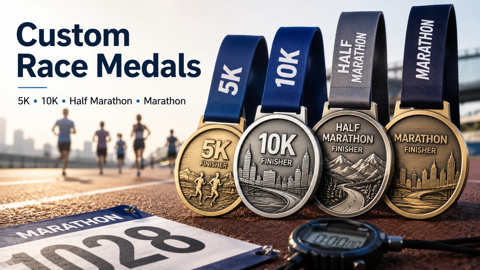 Custom 5K, 10K, half marathon and marathon finisher medals displayed beside a race bib and stopwatch
