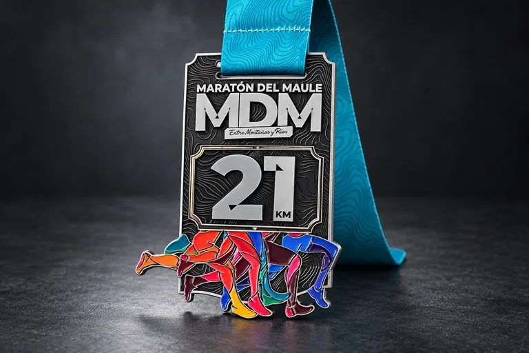 Sample-room custom race medal with a movable center panel, raised silver details, colorful runners and a turquoise ribbon
