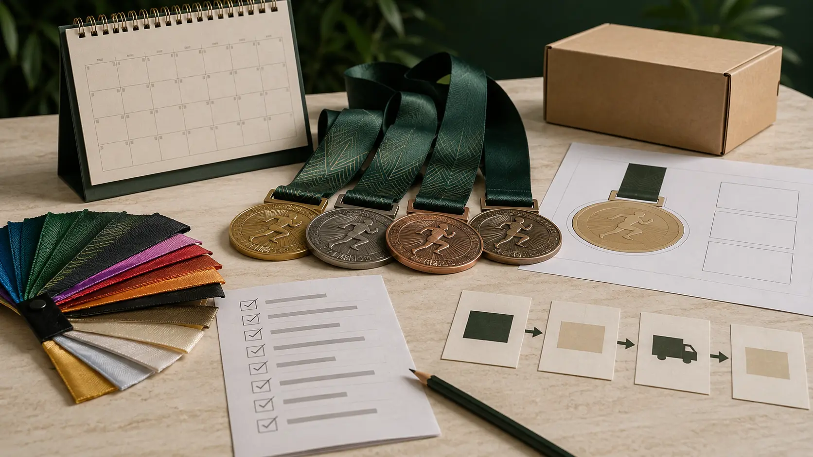 Race organizer planning custom event medals with calendar, quantity checklist, ribbons and sponsor layout