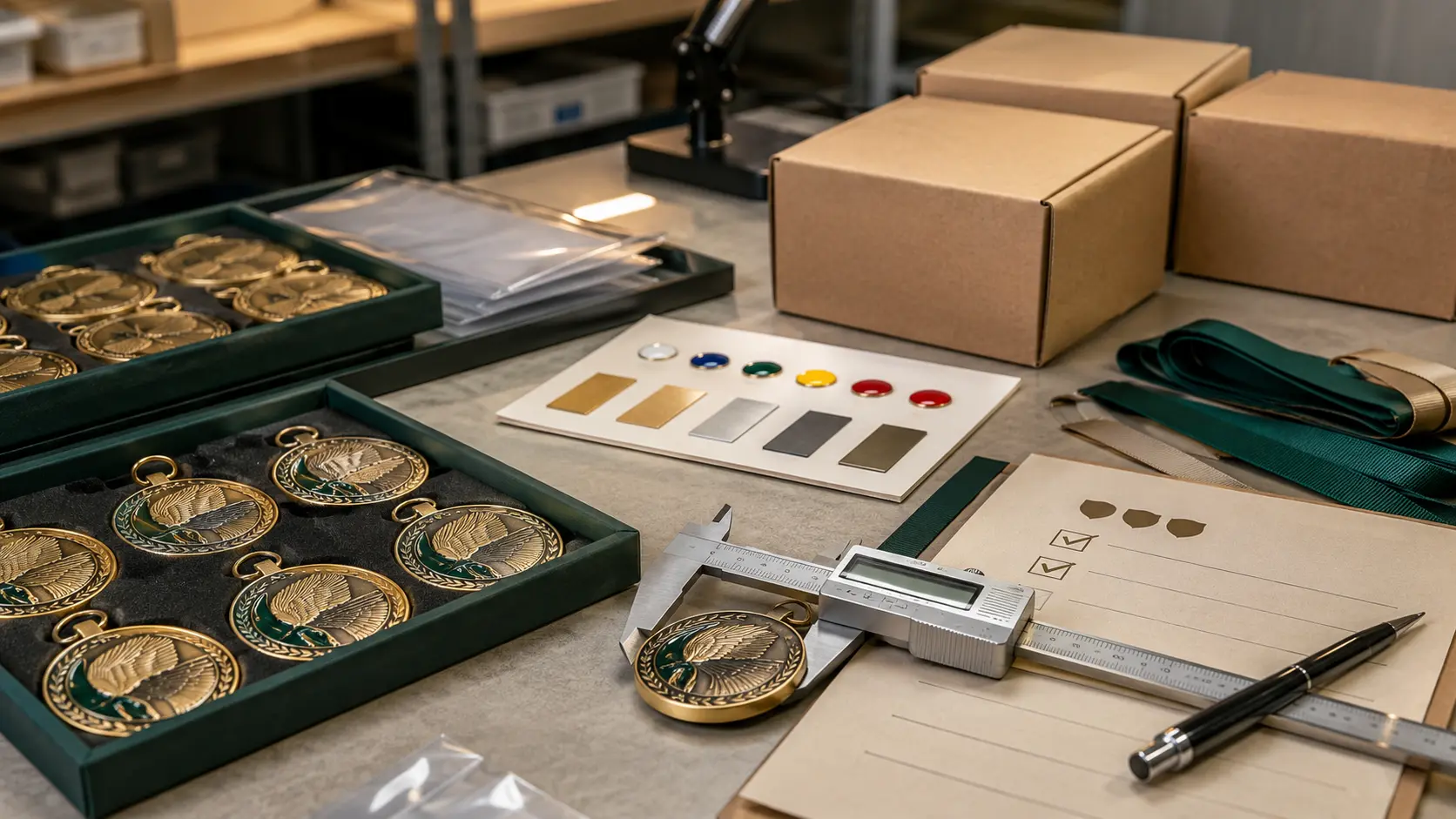 Custom medal factory quality inspection with caliper, finish checks, packing list and export cartons