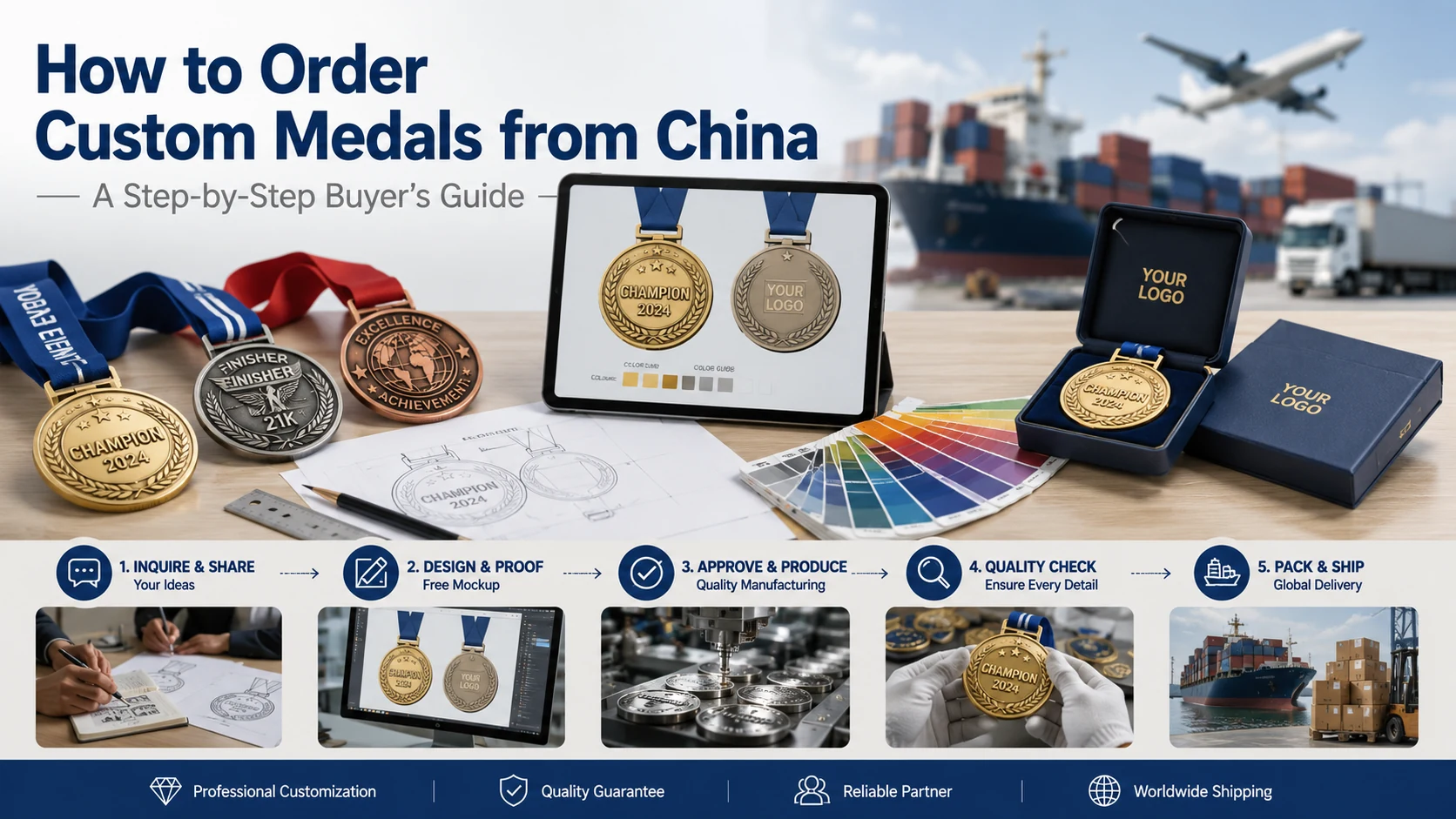 Custom medal artwork, color swatches, presentation packaging and international shipping stages for ordering medals from China