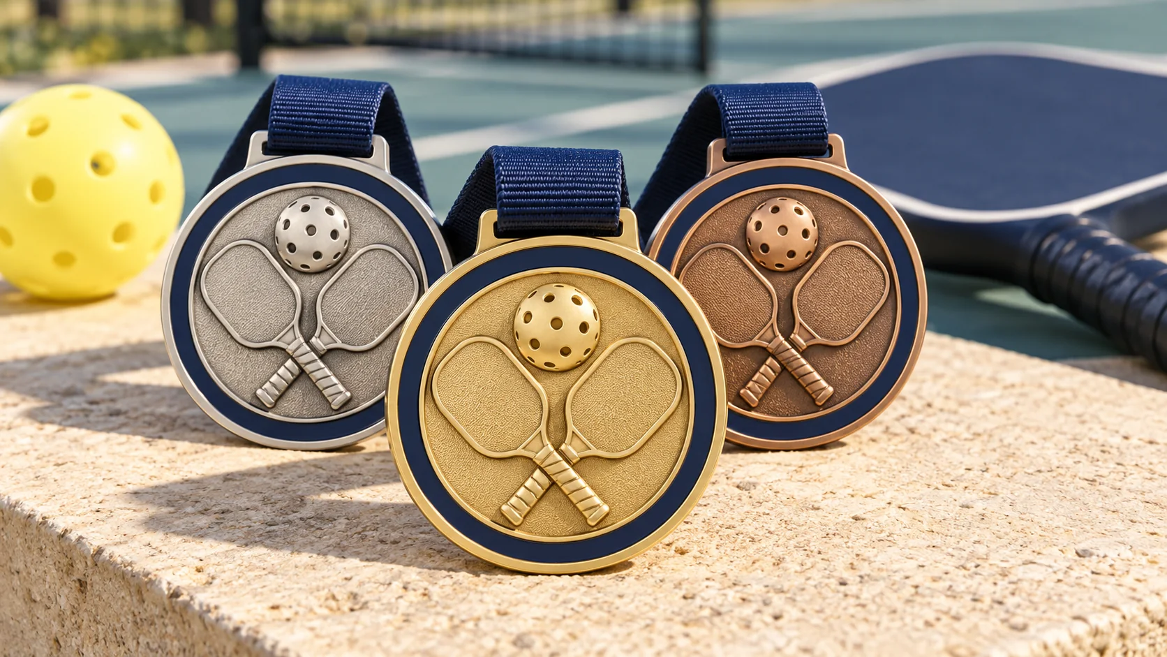 Gold, silver and bronze pickleball medal concepts with navy ribbons beside a court.