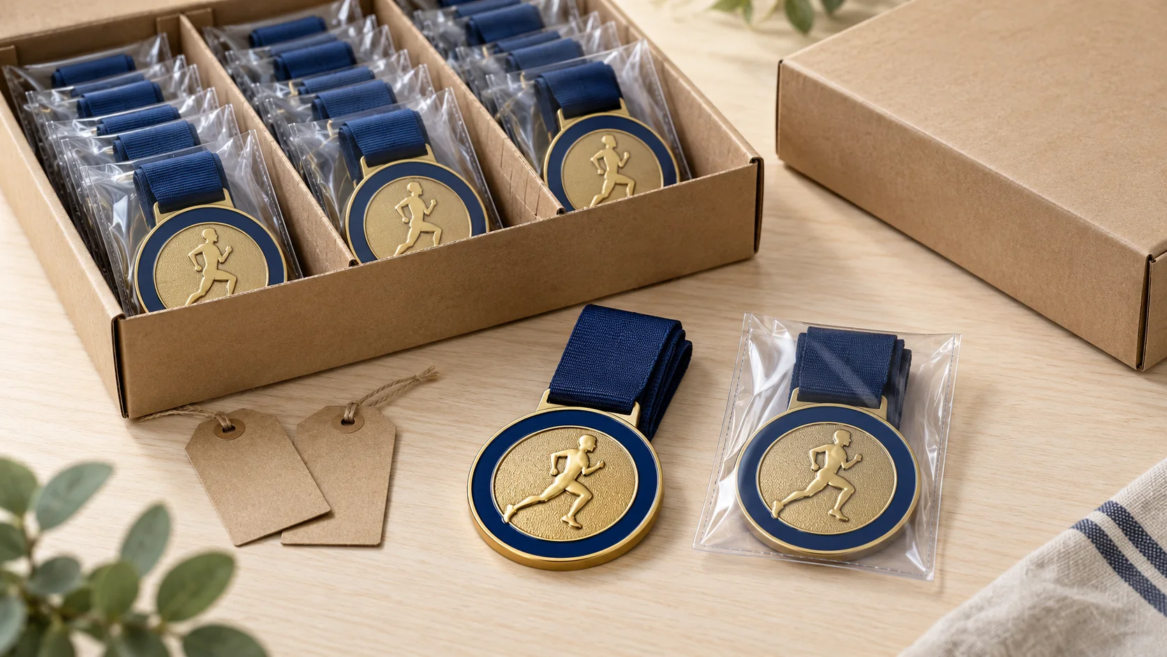 Race medal packaging concept showing protective sleeves, folded ribbons and divided cartons.