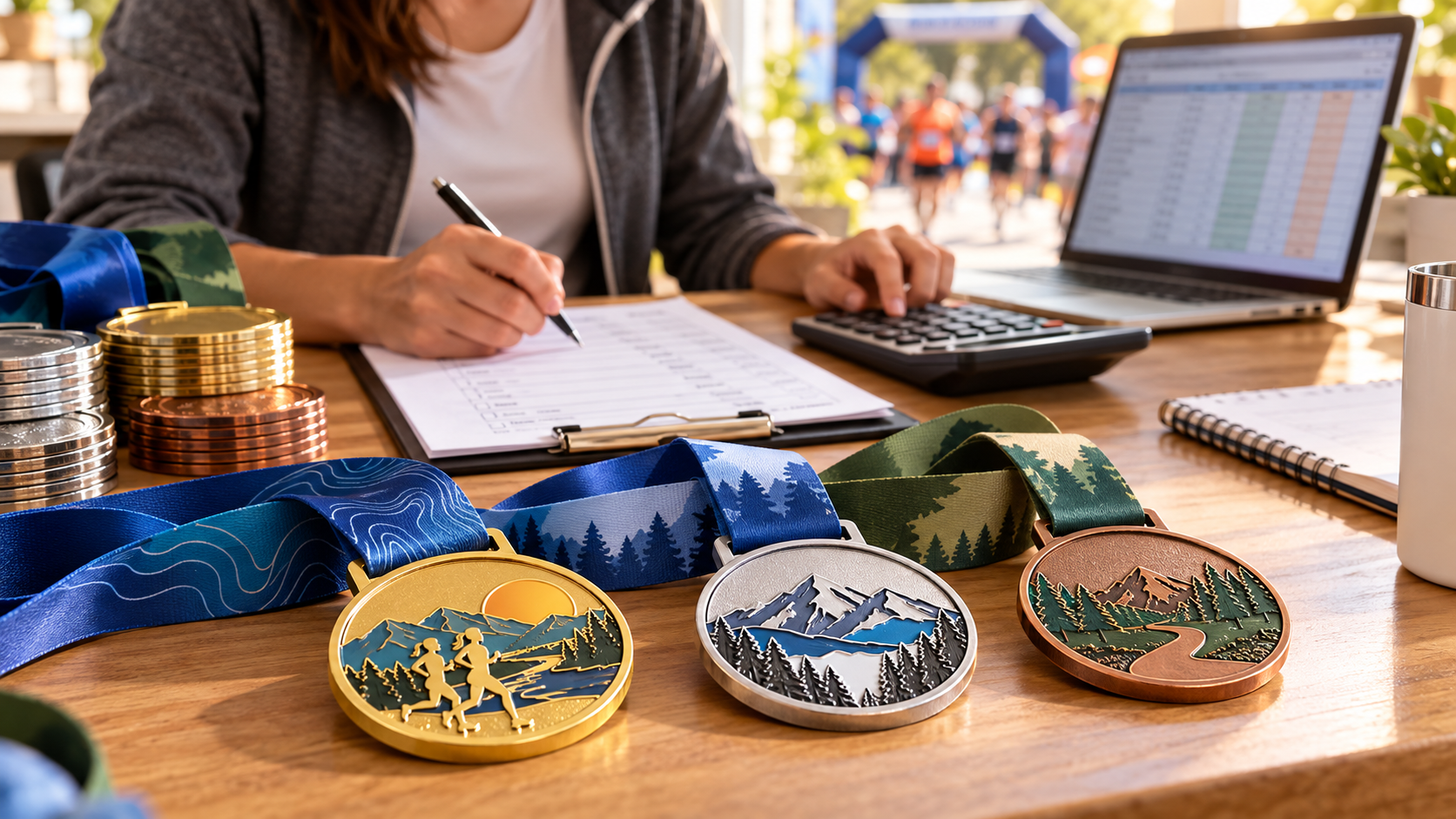 Race organizer reviewing medals, registration notes and a quantity plan