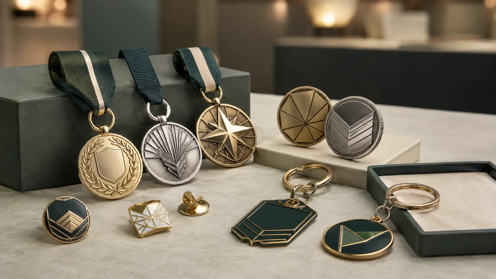 Custom medals, enamel pins, challenge coins and keychains arranged as premium trade show and conference gifts