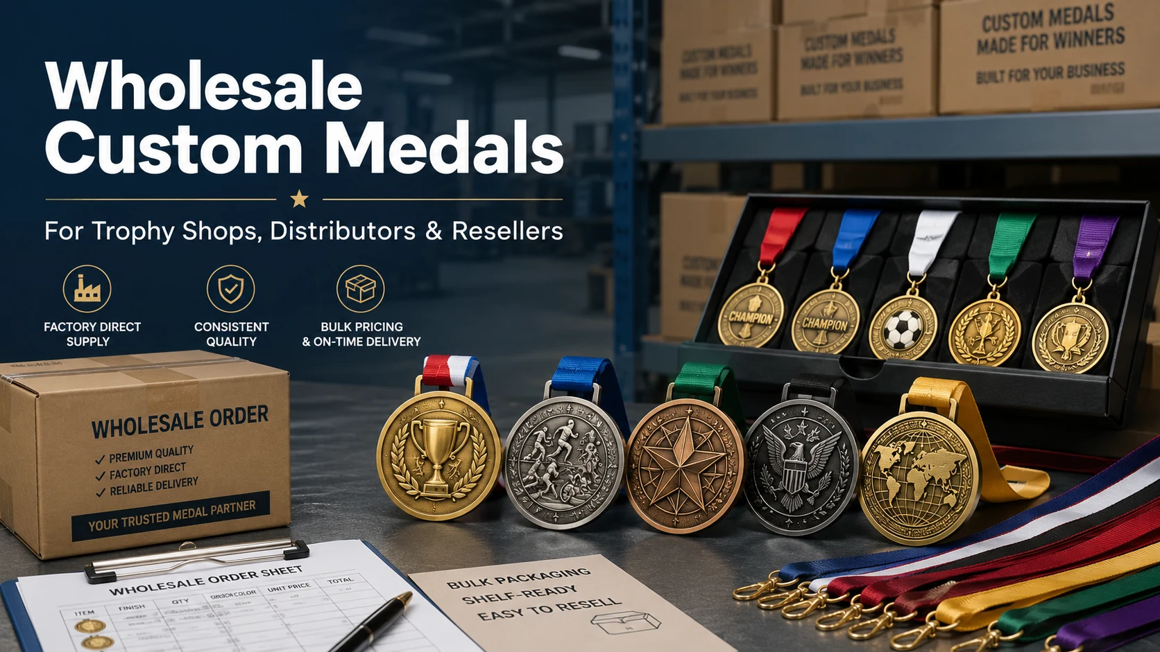 Wholesale custom medals in multiple finishes with ribbons, bulk packaging, cartons and an order sheet for trophy shops and distributors