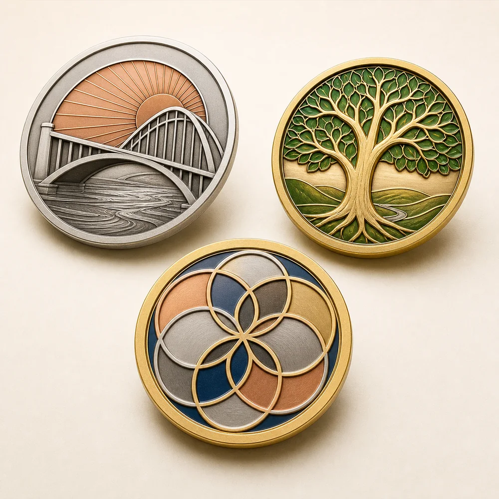 Original corporate recognition coin designs in premium metal finishes