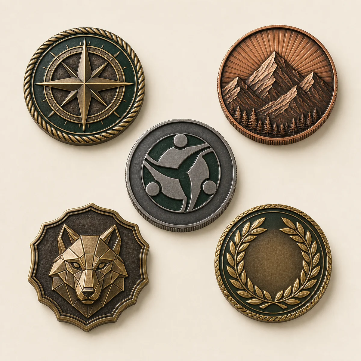 Five original custom challenge coins in antique metal finishes