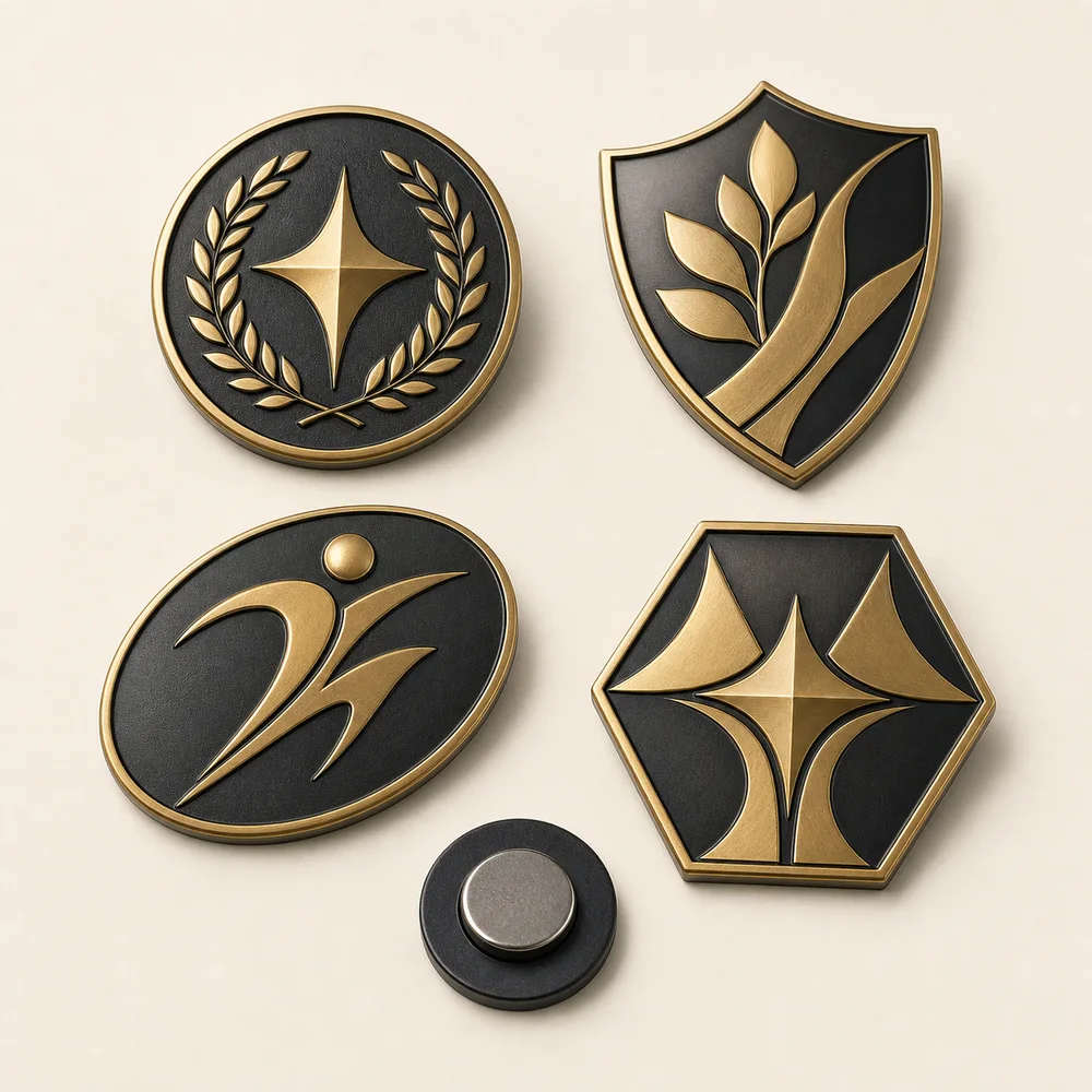 Original school and club badge shapes in black and gold