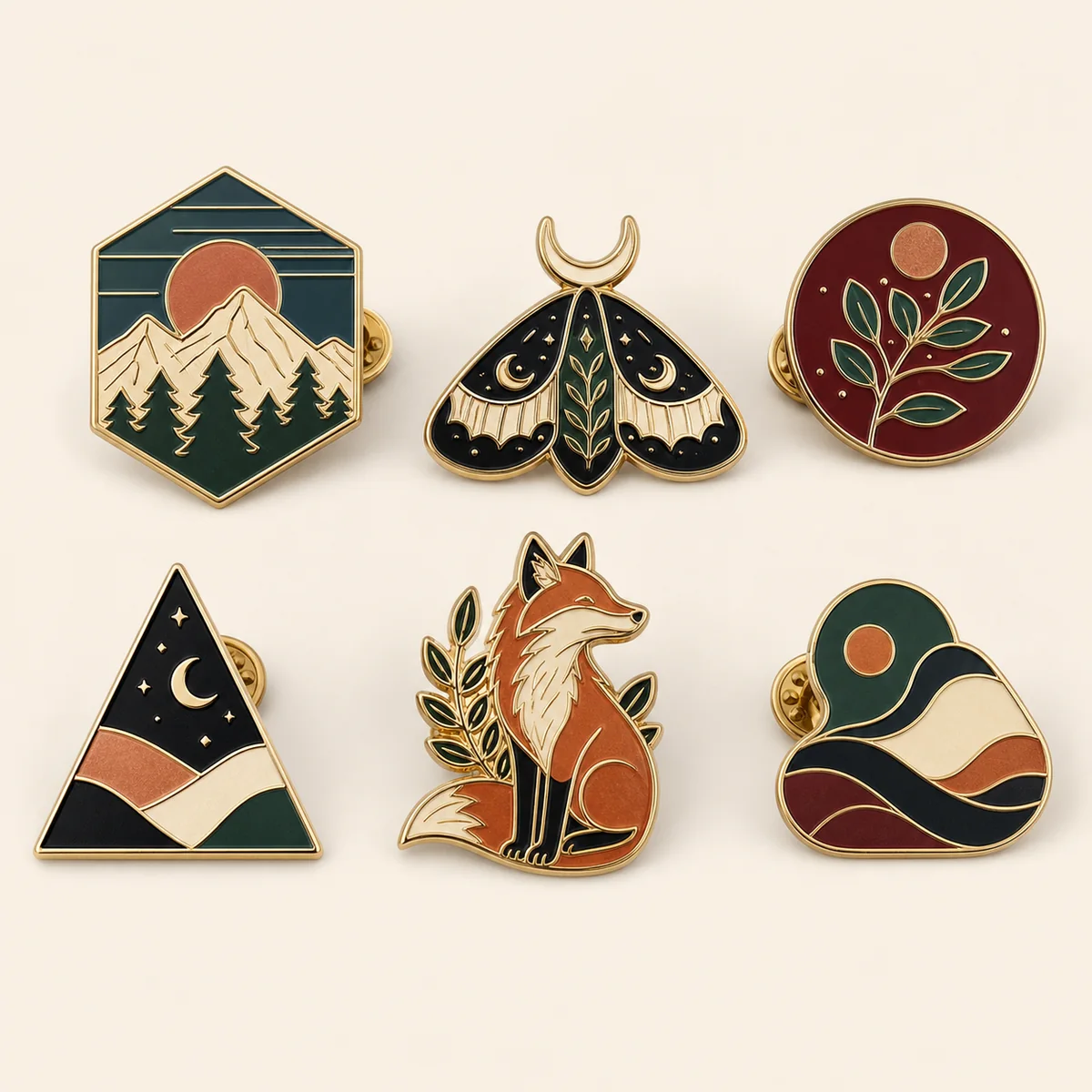 Six original enamel lapel pin designs for brand merchandise