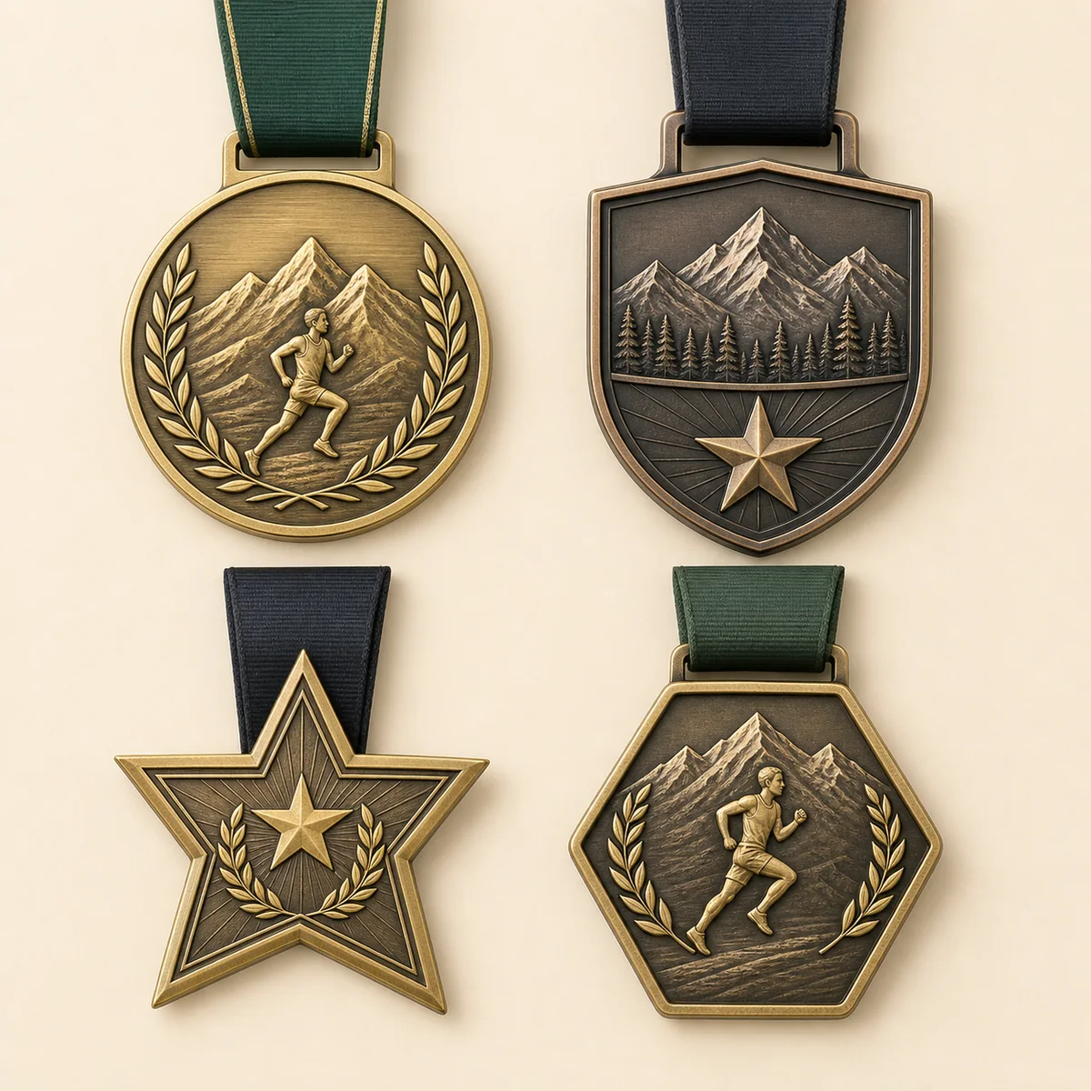 Four original custom event medals in mixed metal finishes