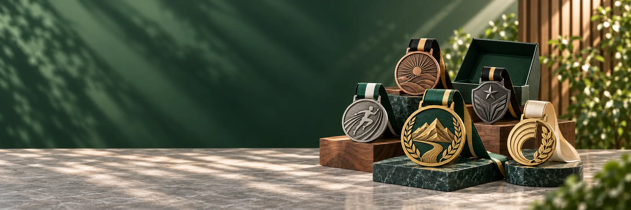 Illustrative premium display of five complete custom event medals in gold, silver, bronze and black finishes with woven ribbons, presentation packaging and display plinths