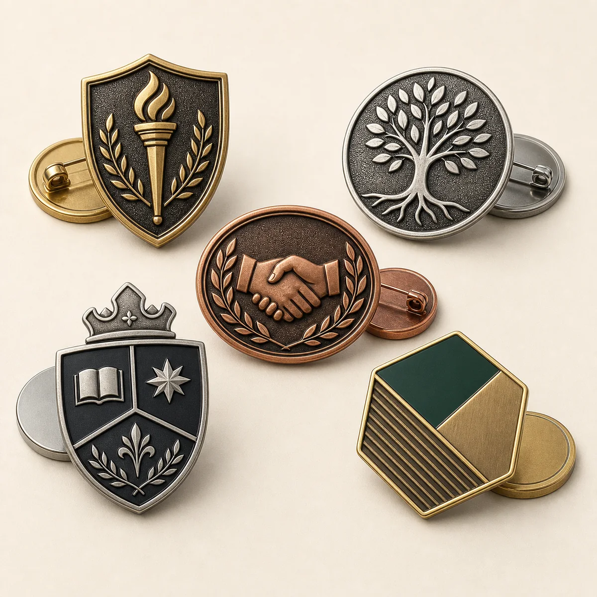 Original custom metal badge collection in gold copper and silver