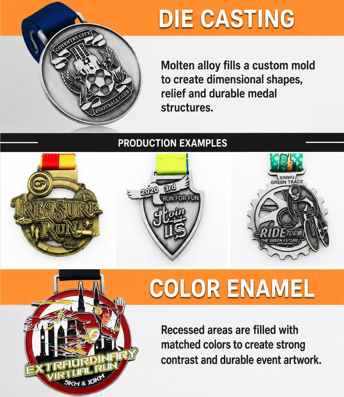Die casting and enamel process examples for custom medals