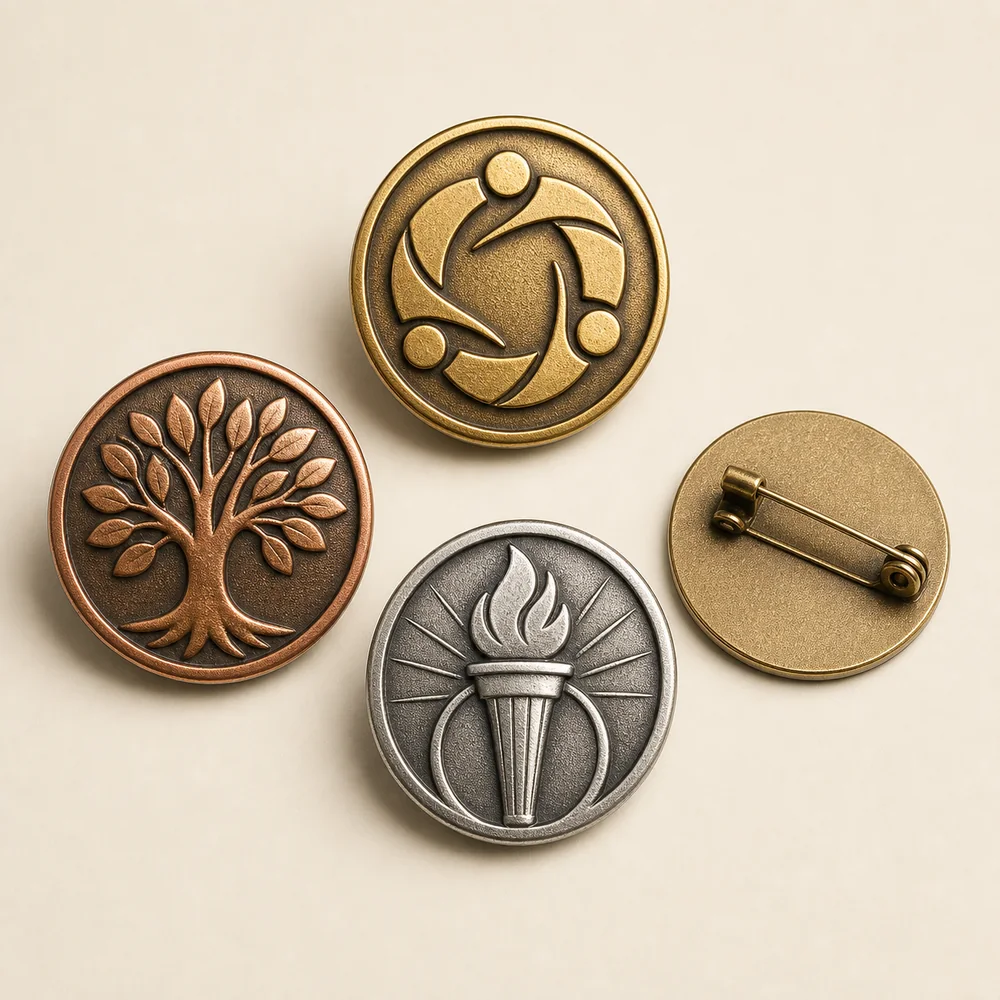 Die-struck association badges with dimensional metal relief