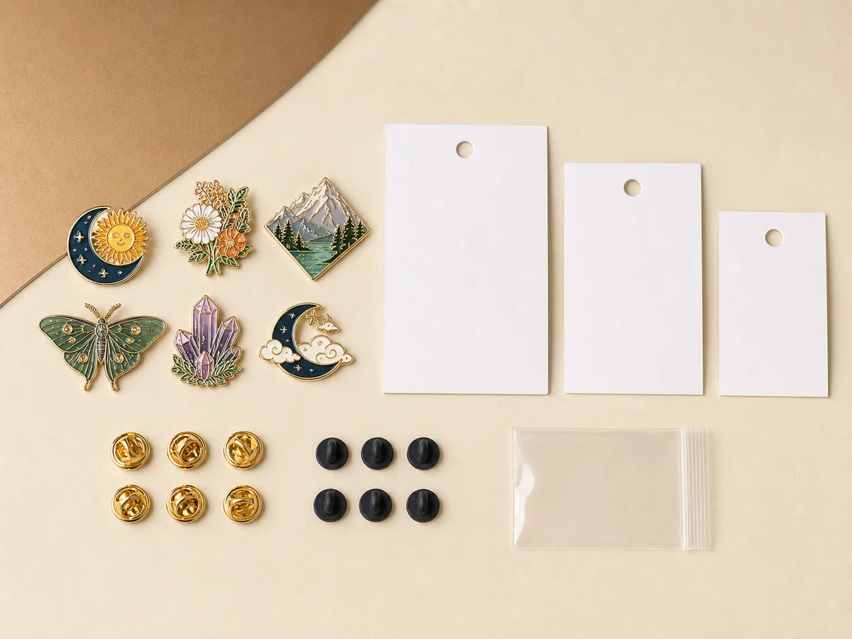 Enamel pins with unprinted backing cards and clutches