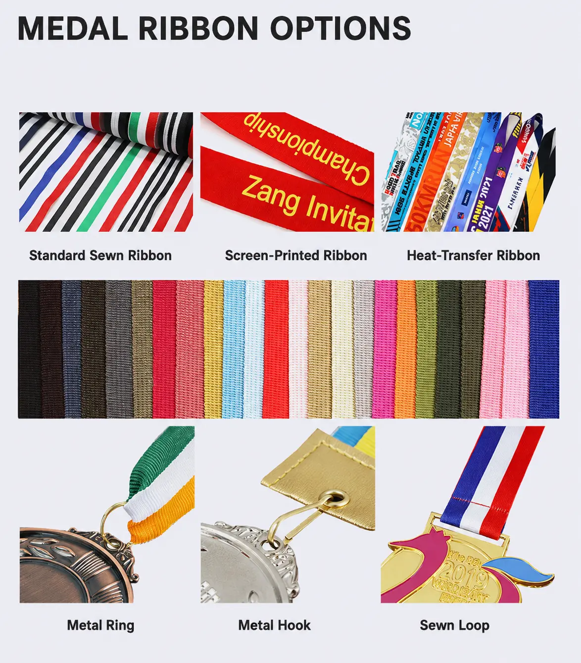 English medal ribbon options chart showing sewn screen-printed and heat-transfer ribbons plus ring hook and sewn loop attachments