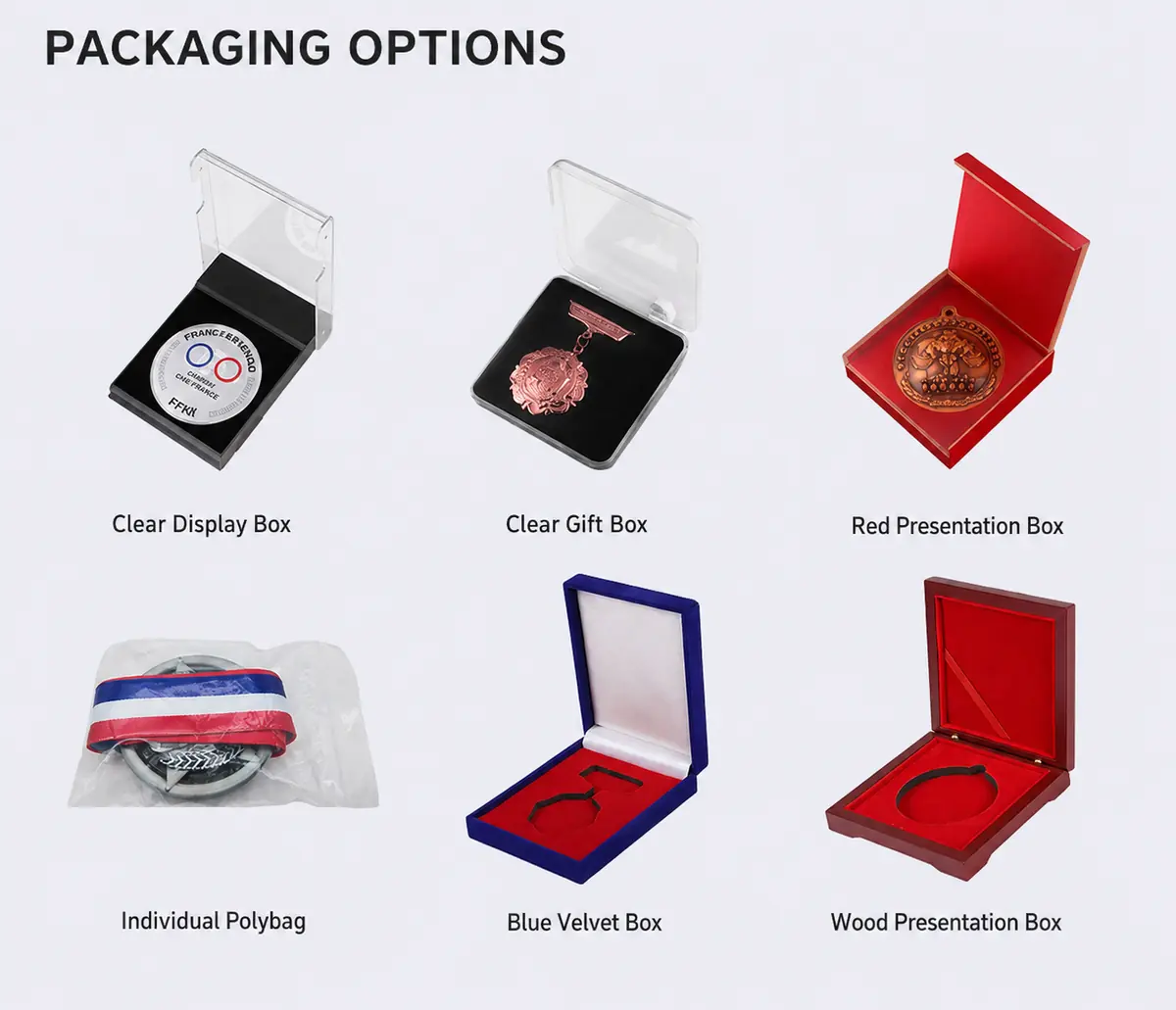 English chart comparing clear boxes polybag velvet box and presentation packaging for custom medals