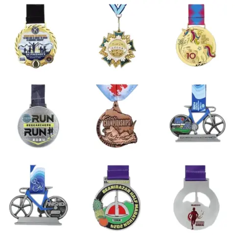 Custom cycling event medal examples on a white background