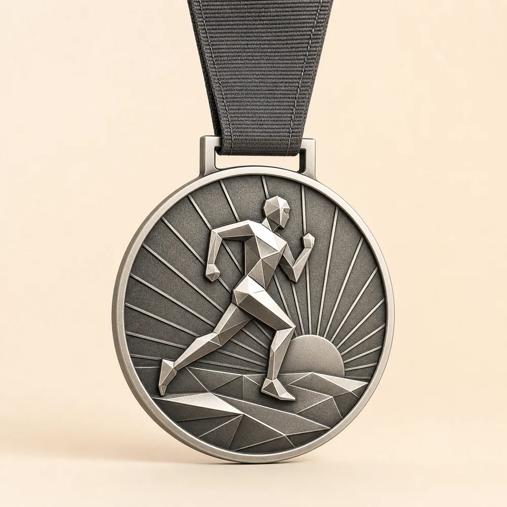 Satin silver custom running medal with geometric relief