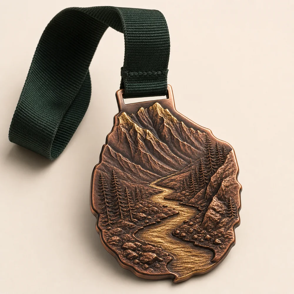Antique copper custom trail race medal with mountain relief
